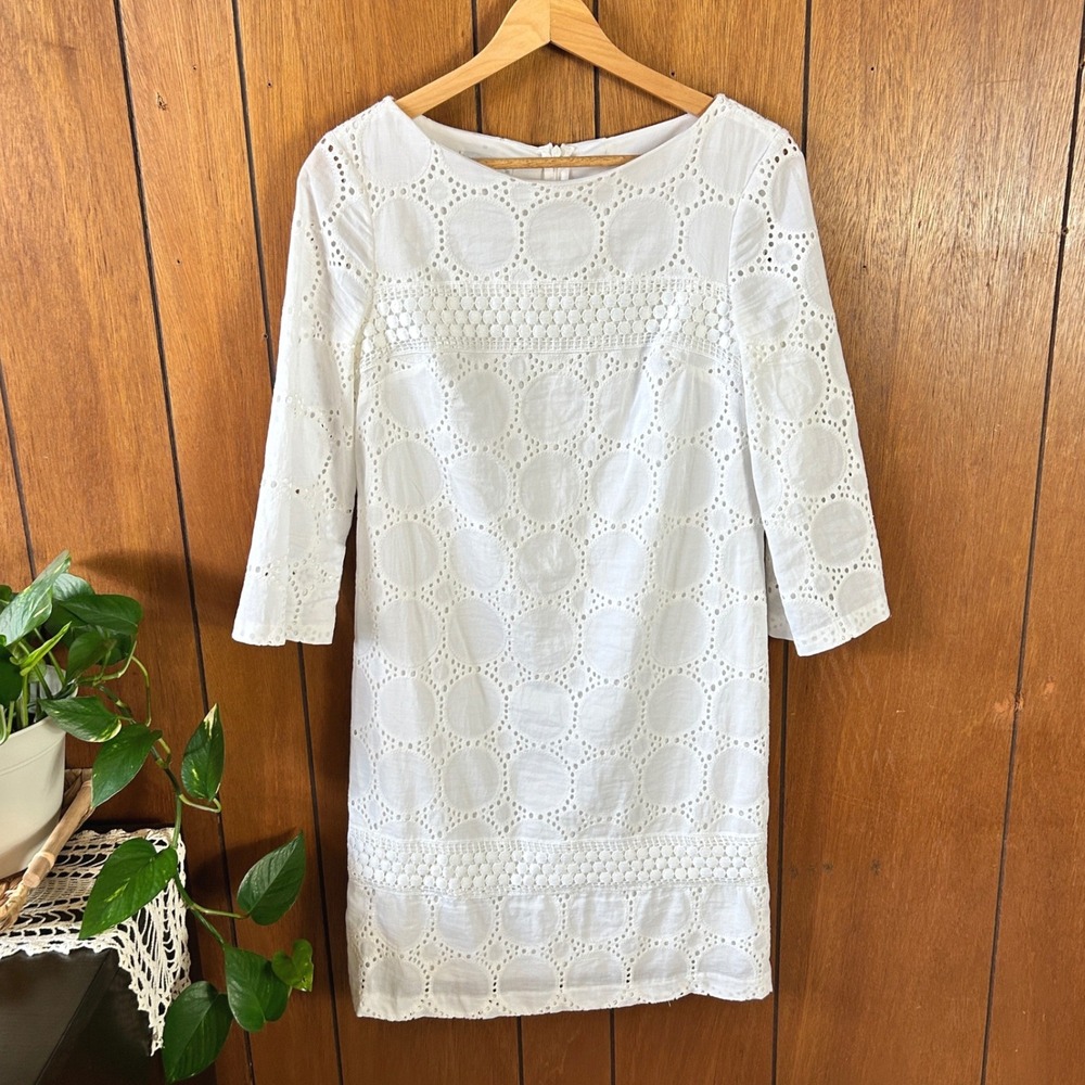 London Times White Eyelet Lace Shift Dress Bridal Shower Boho Romantic Summer